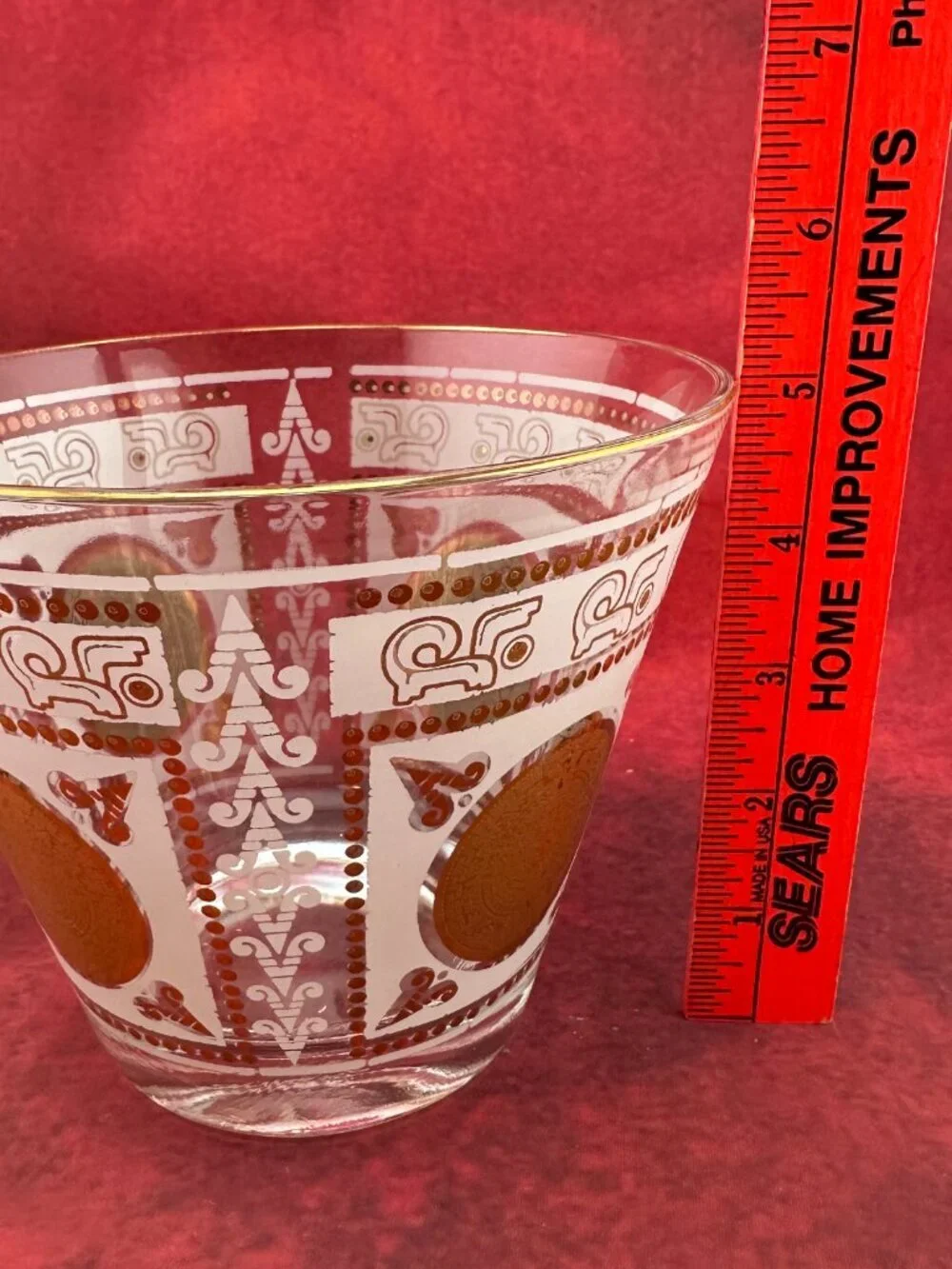VINTAGE MID-CENTURY GLASS ICE BUCKET AZTEC SUN CALENDAR DESIGN GOLD WHITE 6 